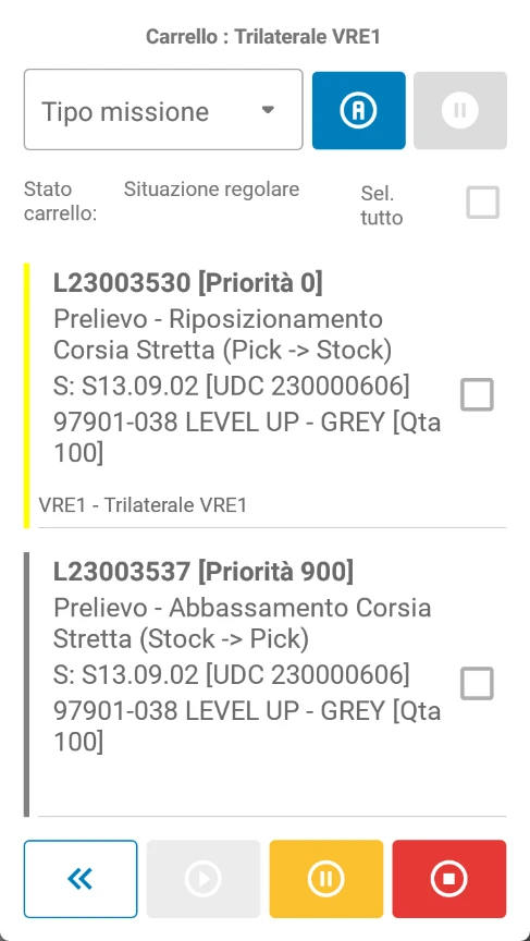 Interfaccia software WMS di magazzino con missioni di riposizionamento e prelievo per trilaterale VRE1 in corsia stretta (Pick -> Stock), ordinate per priorità