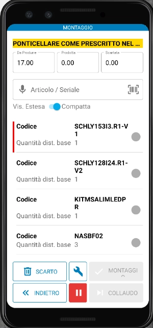 visualizzazione da mobile del software mes di Stesi: sezione "montaggio"