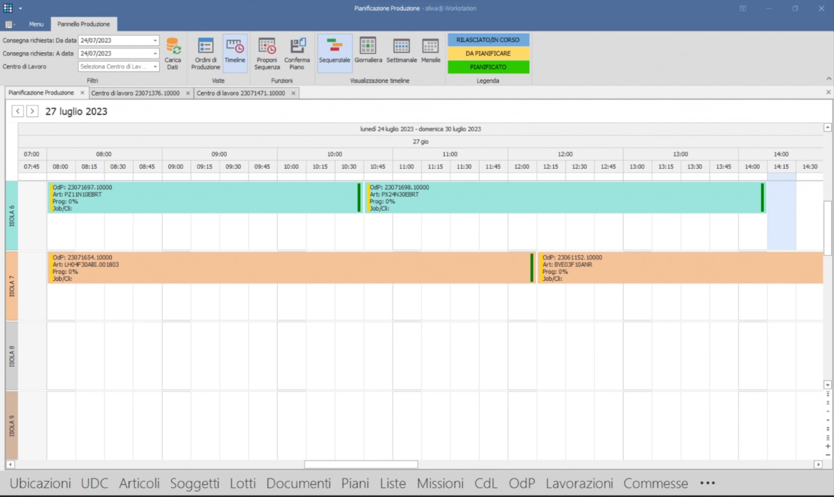 Visualizzazione della dashboard del software MES silwa con la timeline degli ordini di produzione (OdP)