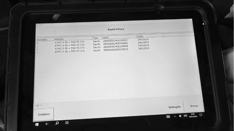 Lettura RFID con identificazione di: n. etichetta, articolo, tipo di articolo, codice SSCC, lotto.