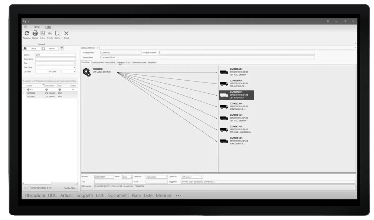 esempio di interfaccia WMS workstation con funzionalità di tracciabilità lotti