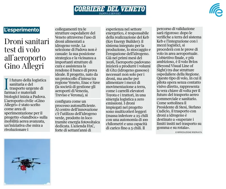 Pagina di giornale del Corriere Veneto che parla del progetto SandBox per logistica sanitaria con droni a idrogeno