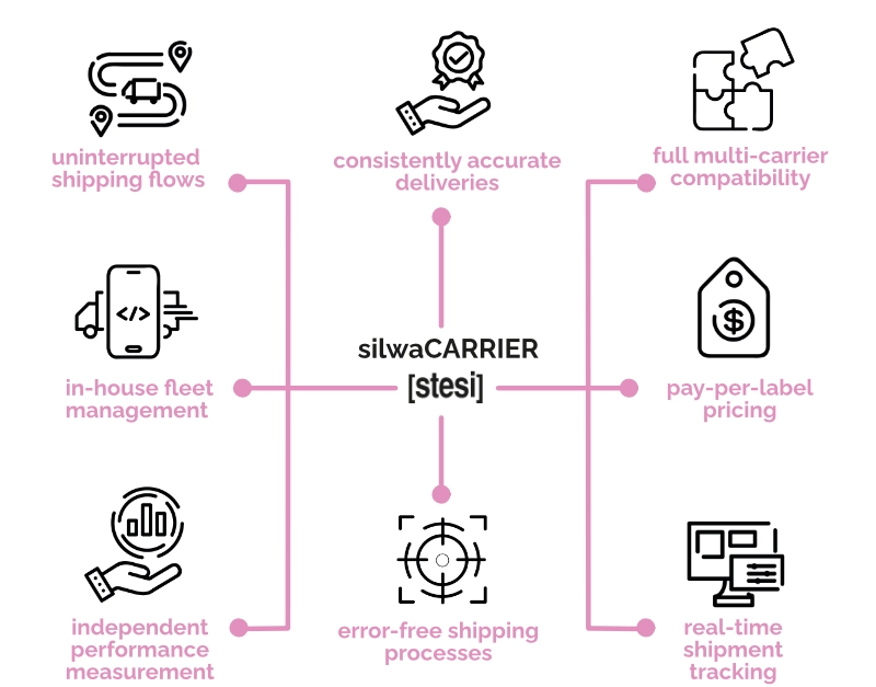 Carrier Interface benefits: Continuous shipping flows, Consistently accurate deliveries, Full multi-carrier compatibility, In-house fleet management, Pay-per-label pricing, Carrier-independent performance metrics, Error-free shipping processes, Real-time shipment tracking