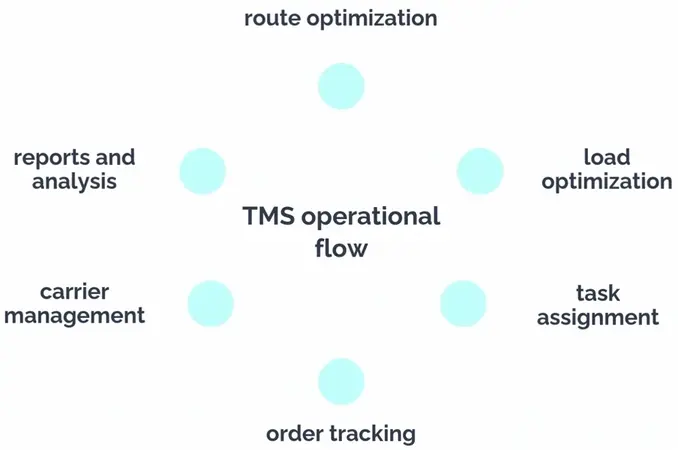 Infographic representing the flow of a TMS, software, that manages 1 route and load optimization; 2 trip assignment; 3 online order tracking; 4 carrier management; 5 KPI reports and analysis.