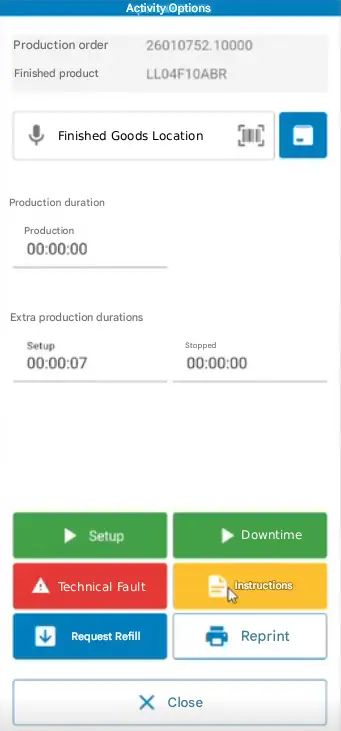 MES (Manufacturing Execution System) software interface for manufacturing with production order code, finished item code, production time (between setup and downtime) and button for assembly instructions.