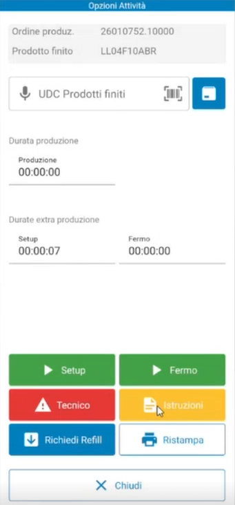 Interfaccia software MES (Manufacturing Execution System) per la produzione con codice ordine di produzione, codice articolo finito, durata della produzione (tra setup e fermo) e pulsante per istruzioni montaggio