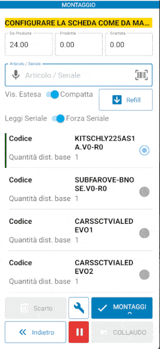 video clip con interfaccia software MES Manufacturing Execution System che mostra le funzioni di montaggio e collaudo