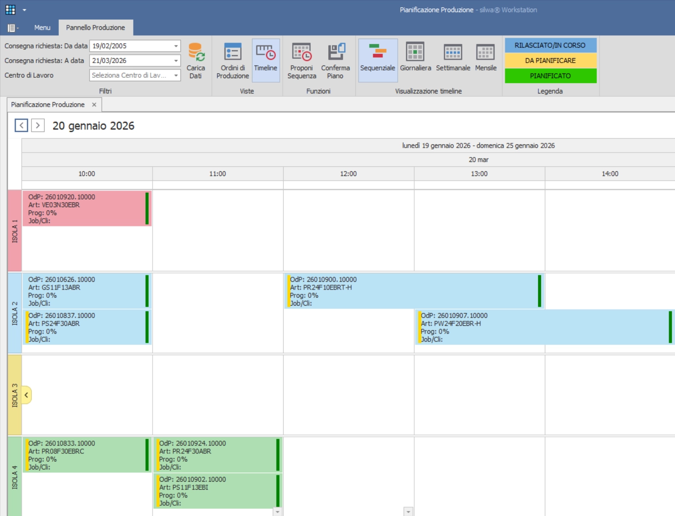 Pannello di pianificazione della produzione nel MES (Manufacturing Execution System) formato calendario dove il personale pu&ograve; visualizzare gli ordini provenienti dall'ERP, pronti per essere prodotti
