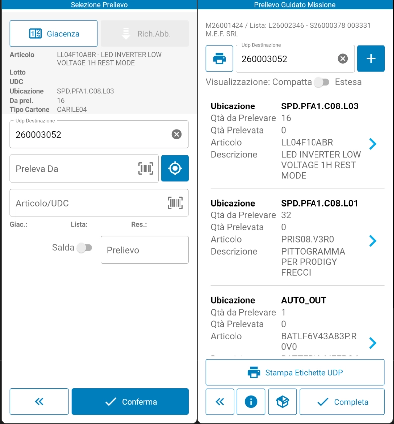 interfaccia software per prelievo guidato con campi: UDC (Unit&agrave; di carico), Articolo, descrizione articolo, Ubicazione, quantit&agrave; da prelevare, quantit&agrave; prelevata