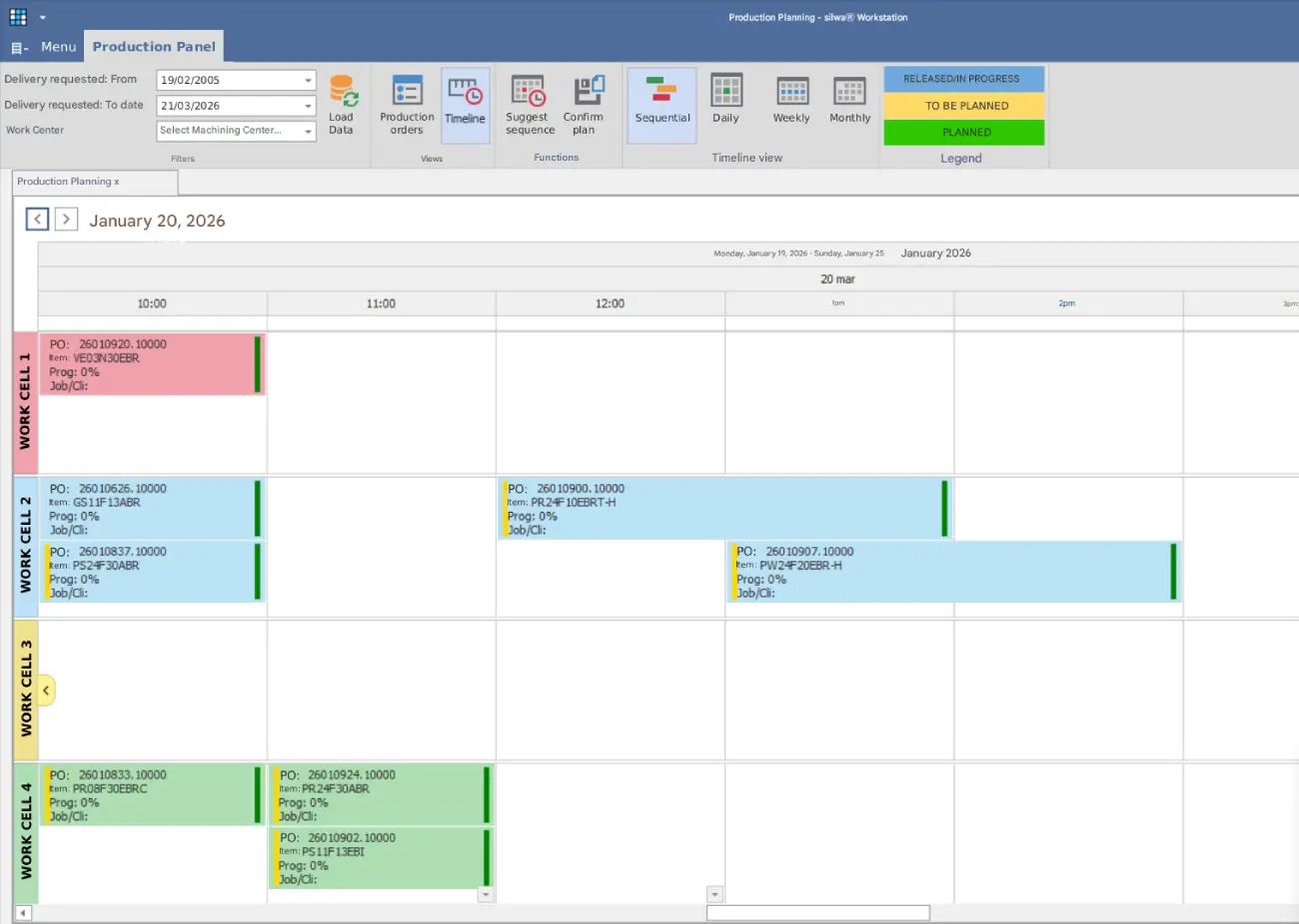 Production planning panel in the MES (Manufacturing Execution System) in calendar format where staff can view orders from the ERP, ready for production.