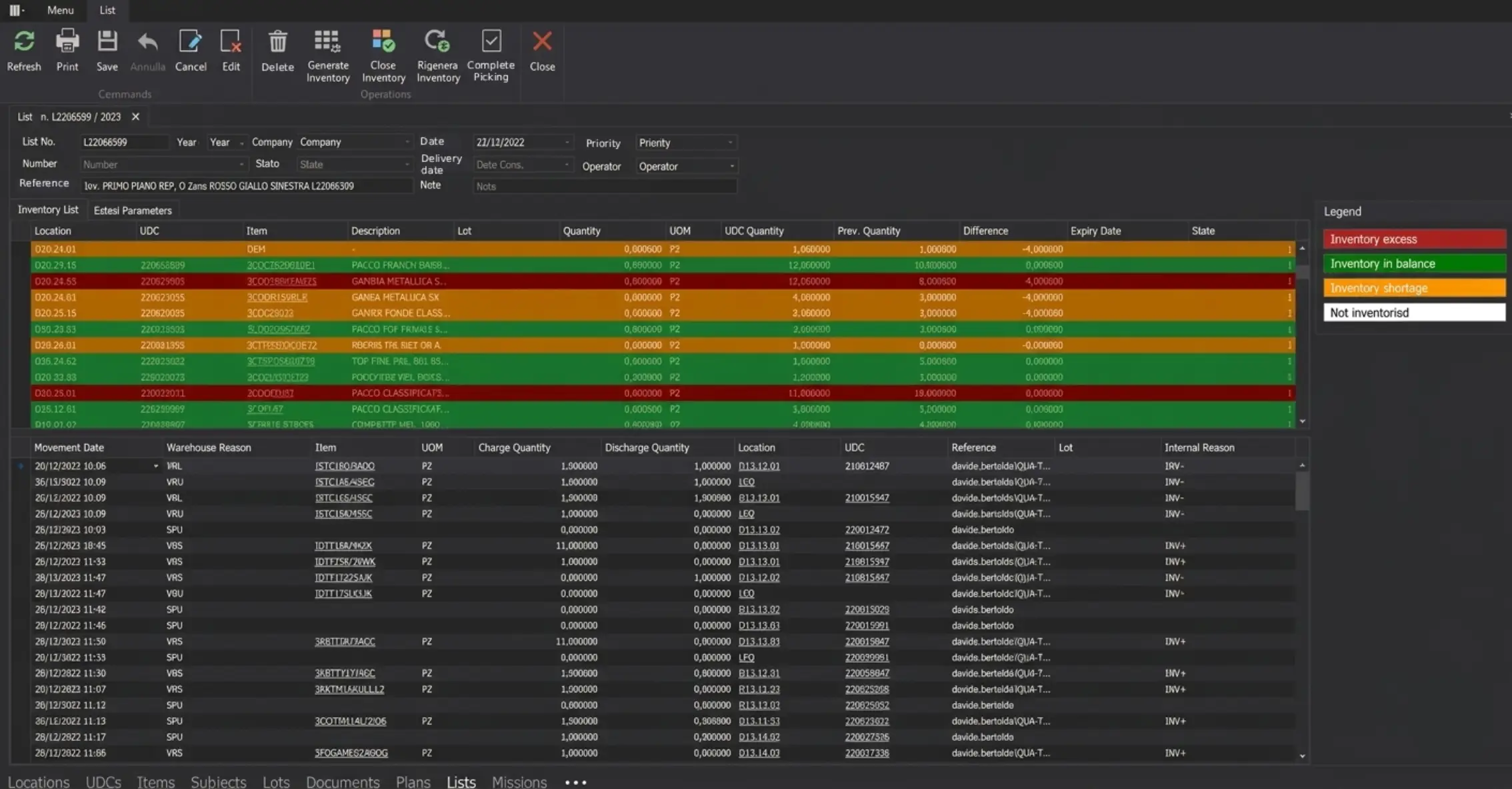 How to carry out a stock inventory: inventory list. Screenshot of Stesi&rsquo;s Silwa software