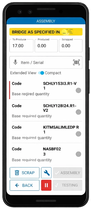 Mobile view of Stesi's MES software: ‘Assembly’ section