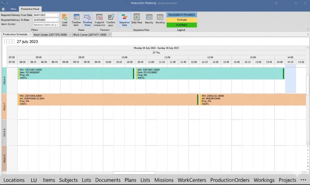 View of the silwa MES software dashboard showing the production order (PO) timeline