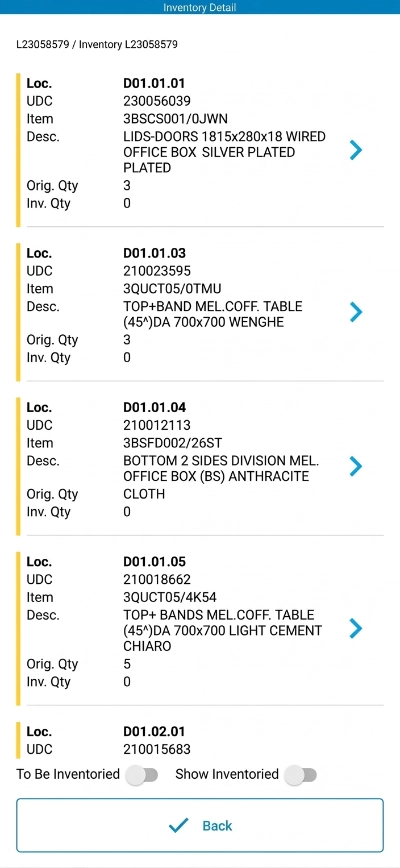 carrying out a warehouse inventory: terminal screen showing inventory details