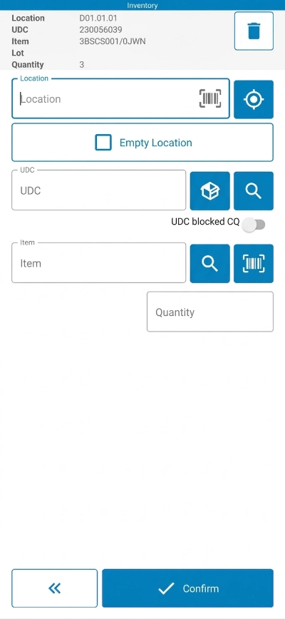 WMS software interface for inventory management with: location name, load unit name, item name, batch number, quantity