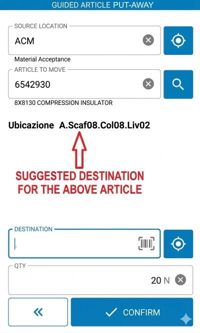 warehouse map: screen showing the guided article put-away process in the WMS software interface