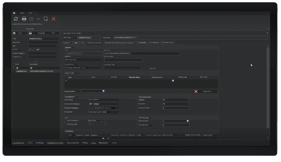 screenshot showing how stock levels are displayed in the WMS dashboard, including: item code, item name, item type, product category, batches, etc.