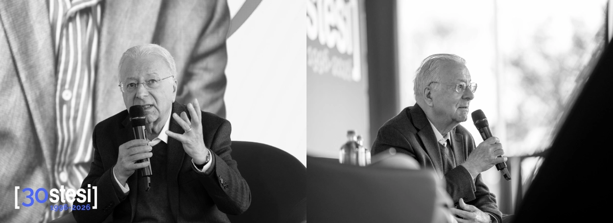 The inventor of the microprocessor, Federico Faggin, addresses a huge audience on stage at Stesi