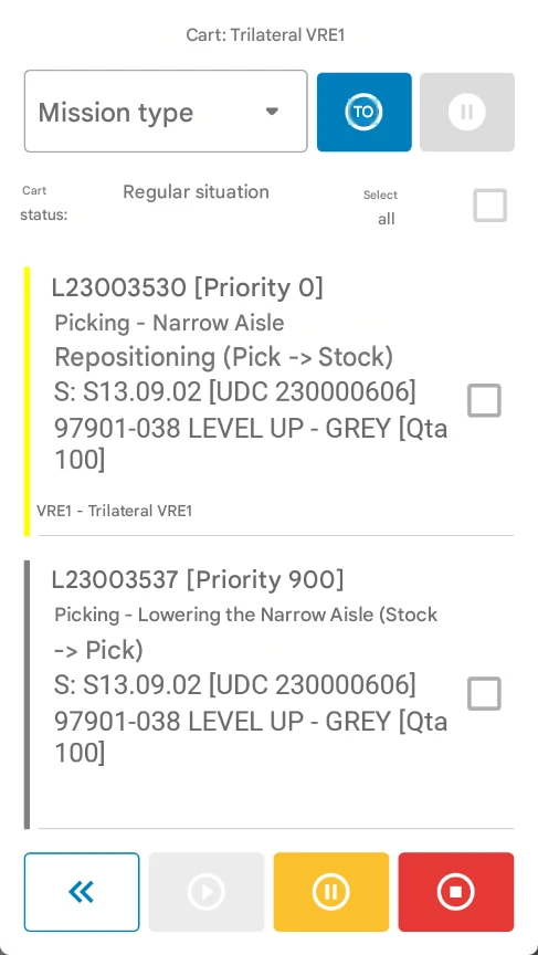 WMS software interface for the warehouse, with repositioning and picking tasks for the VRE1 VNA truck in a narrow aisle (Pick -> Stock), sorted by priority