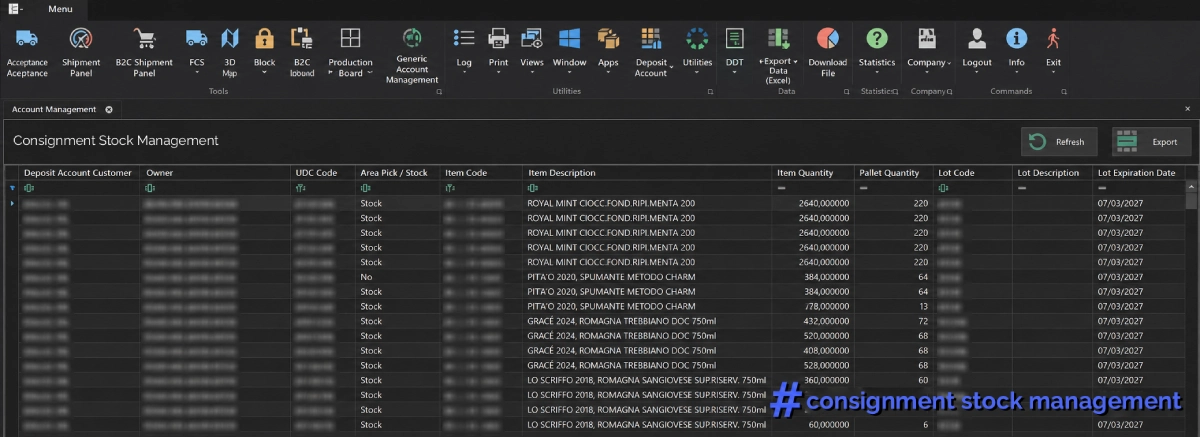 Consigned stock dashboard showing: owner, UDC code, item code, item description, pick/stock area, item quantity, package quantity, batch code, expiry date, etc.