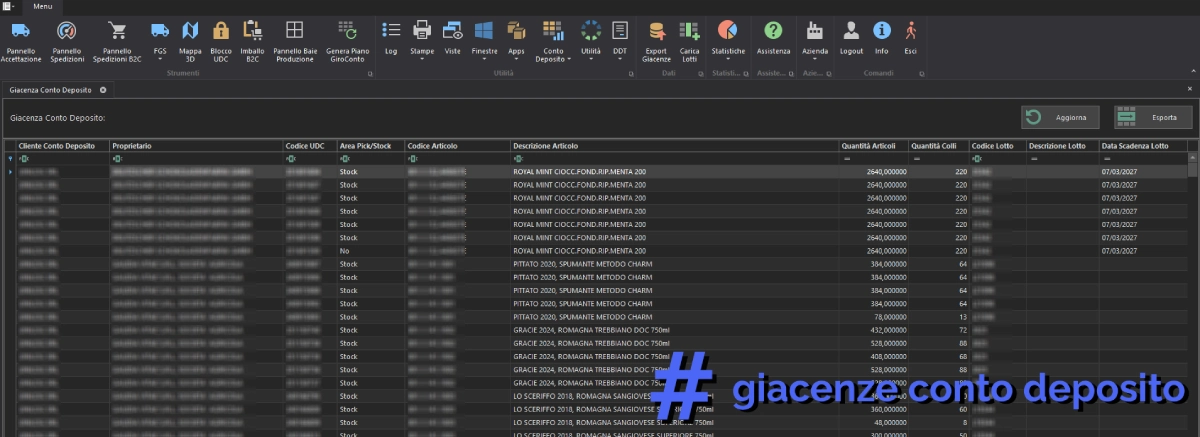 dashboard giacenze del conto deposito con visibilità su: proprietario, codice UDC, codice articolo, descrizione articolo, area pick/stock, quantità articoli, quantità colli, codice lotto, data scadenza, ecc...
