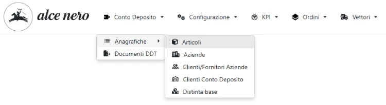 software WMS silwa di Stesi per Alce Nero: portale di gestione magazzino e merce in conto deposito con menù a tendina
