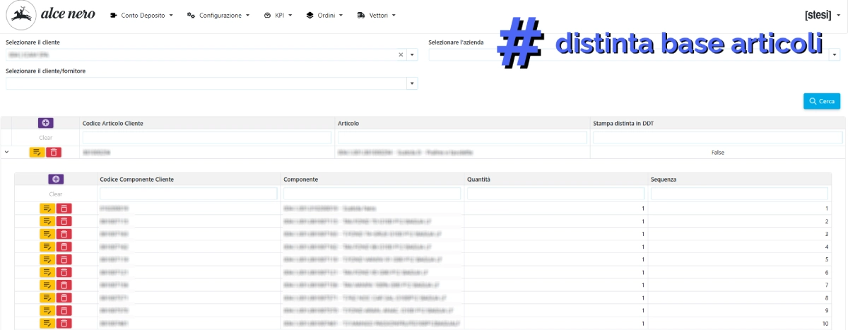 dashboard gestione distinta base per consignment stock, con per ogni cliente il codice articolo, l'articolo, stampa distinta in DDT dei quali codice componente cliente, componente, quantità e sequenza