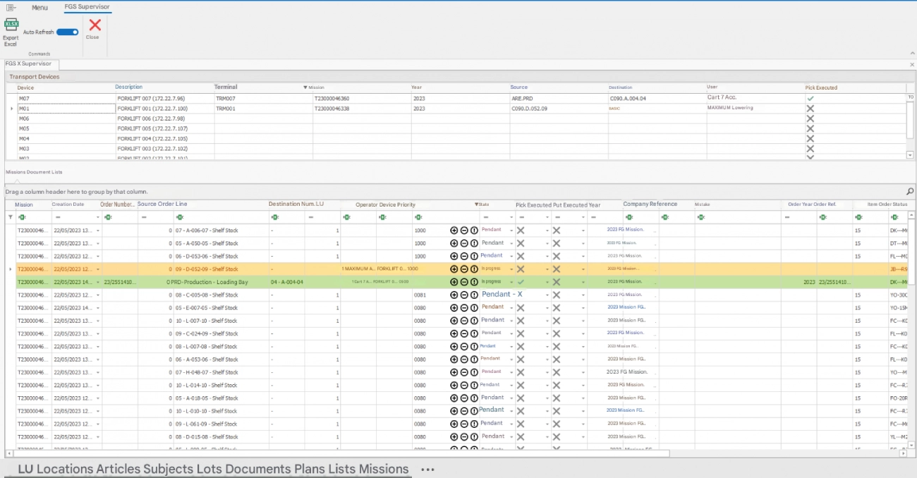 WMS software interface, “FGS Supervisor” (Forklift Guidance System) panel for the supervision and dispatching of AGVs