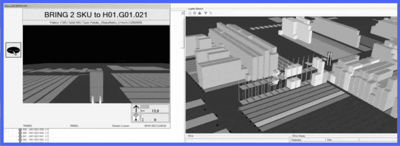 Replica digitale di un magazzino con visualizzazione 3D di muletto in movimento in terza persona + visualizzazione in prima persona (punto di vista del guidatore)